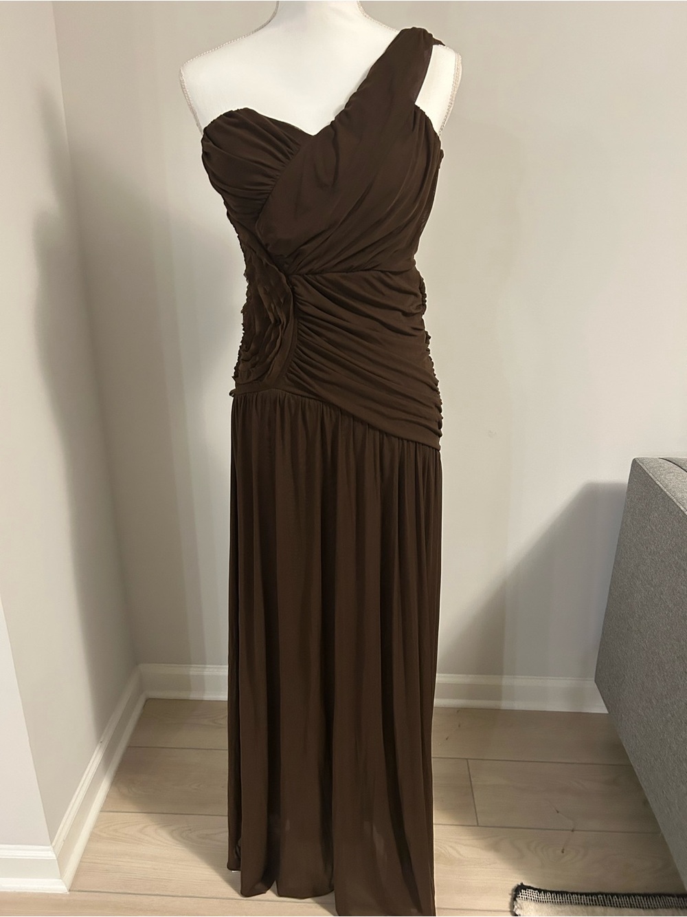 One-Shoulder Chocolate Brown Ruched Evening Dress never worn no tags